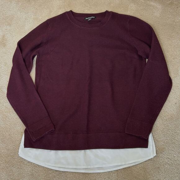 Hilary Radly Crew Neck long Sleeve Sweater With White Layered Hem Maroon Sz M - Picture 5 of 10